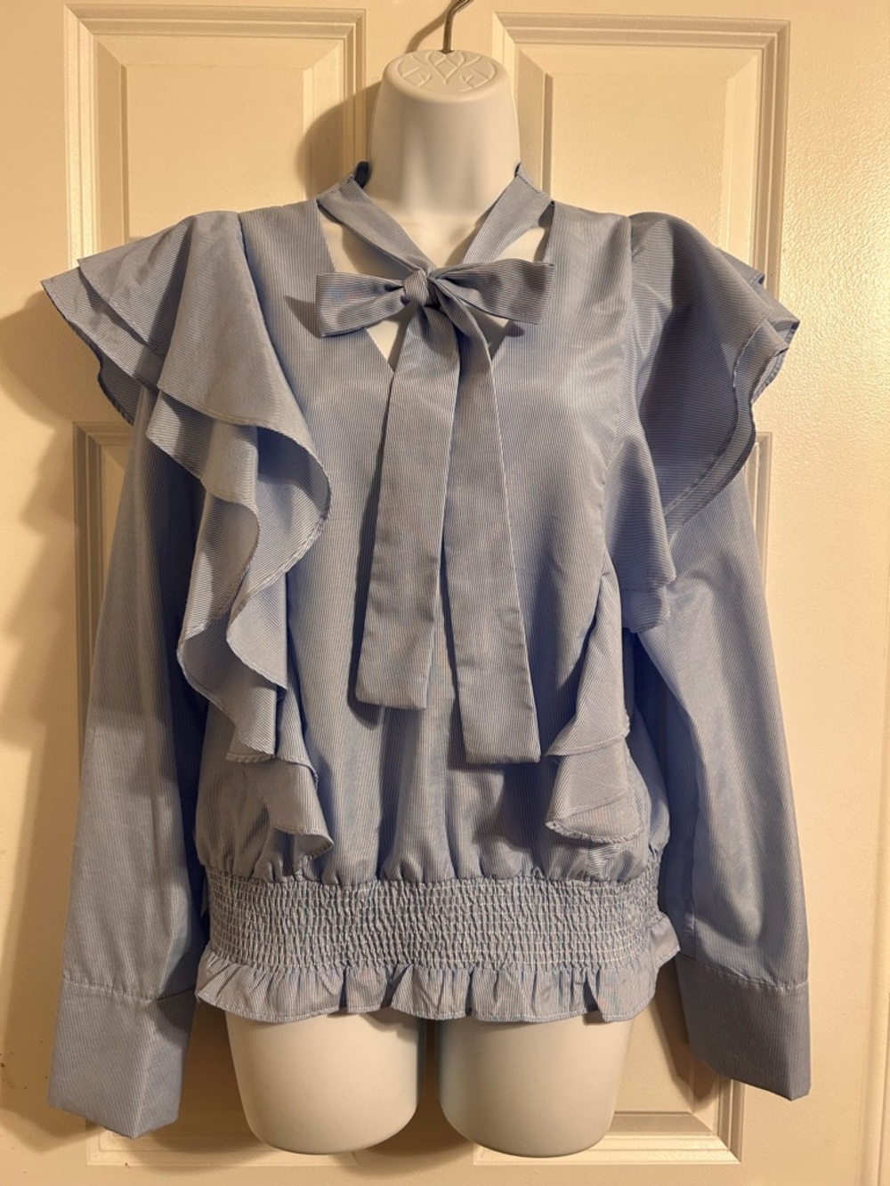 English Factory Light Blue Ruffle Tie-Neck Blouse